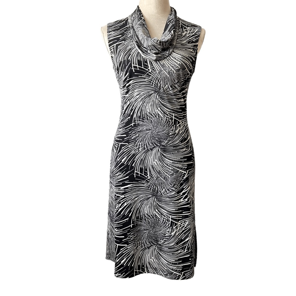New York And Company Black & White Cowl Neck Sheath Palm Print Sleeveless Dress